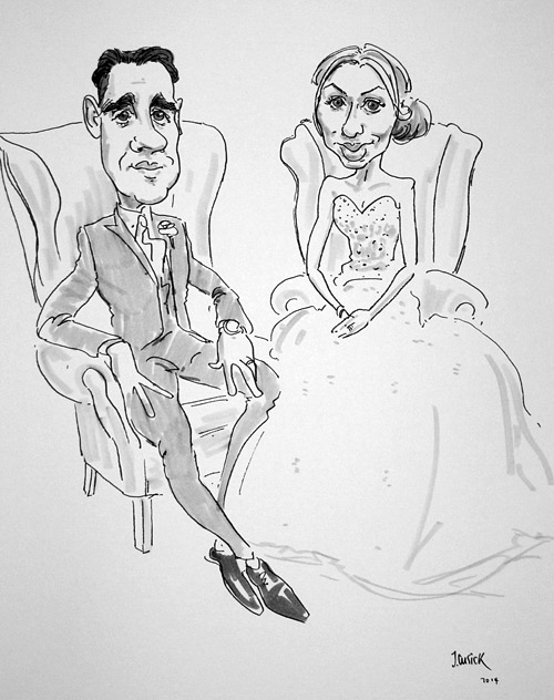 Deryshire live caricaturist drawing of bride and groom from callow hall, Ashbourne.
