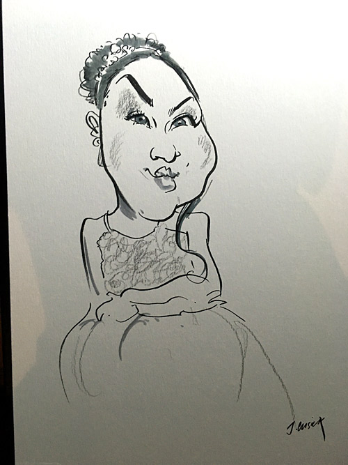 bridesmaid drawn by caricaturist at the ashes wedding, staffordshire