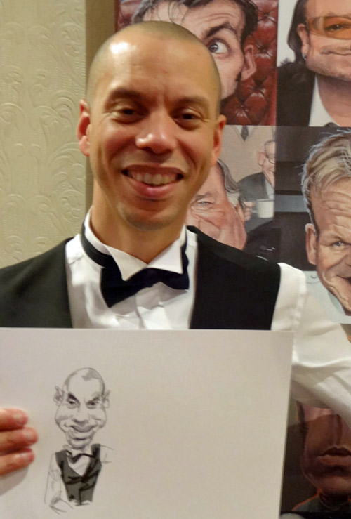 drawing by live caricaturist of guest at black tie ball