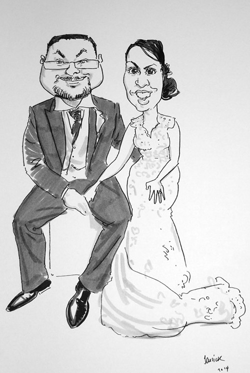 Wedding caricaturist drawing of bride and groom in Derbyshire/Staffordshire