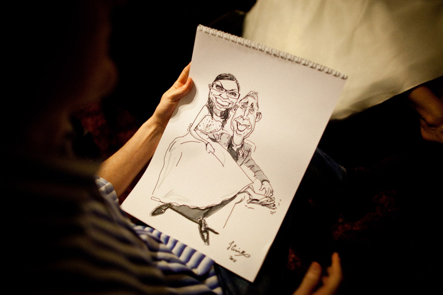 live caricaturist with drawing of bride and groom at shrewsbury shropshire wedding